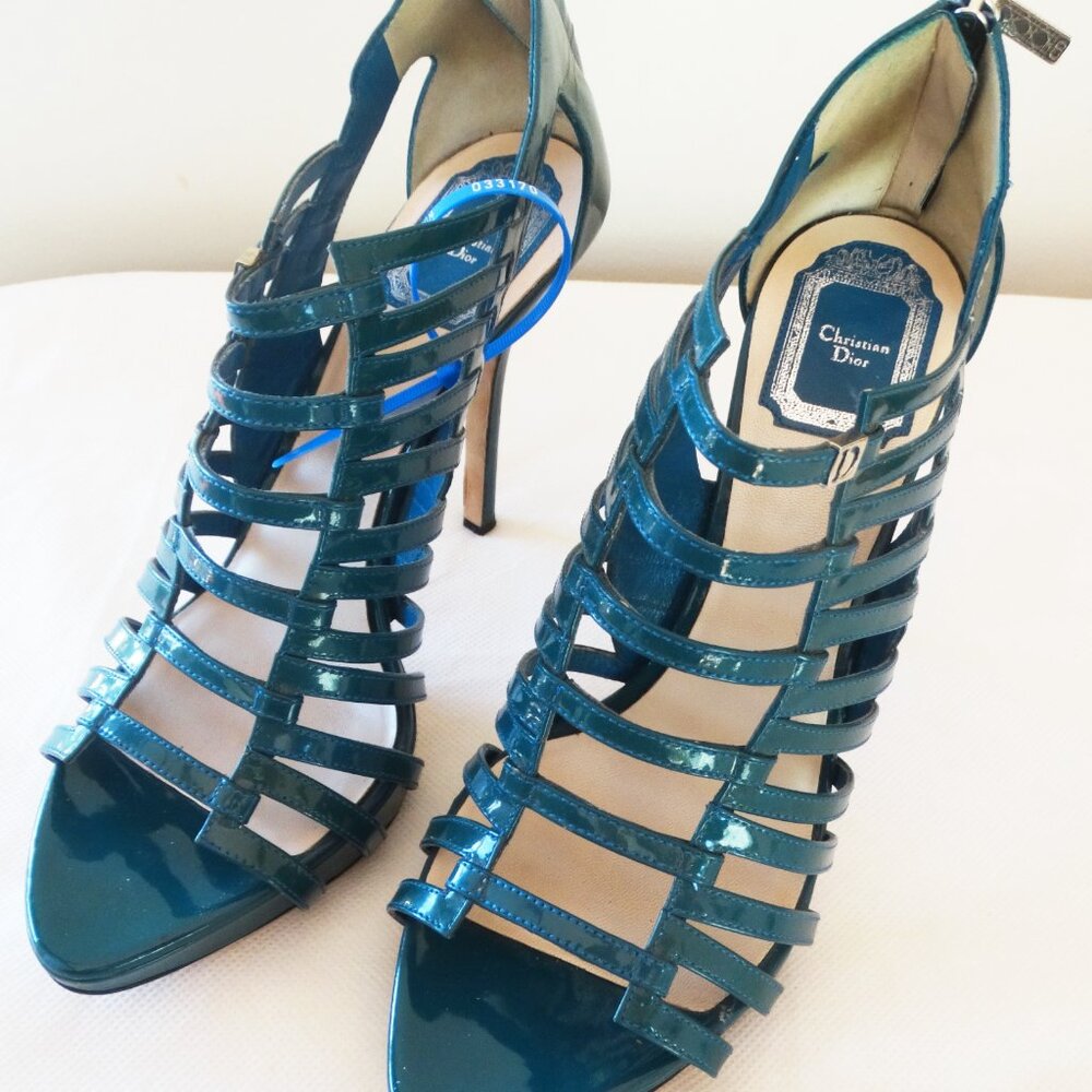Christian DIOR 39/8.5 US, stiletto 4.5" heel ITALY cage Sandals Glossy Teal - Picture 5 of 13